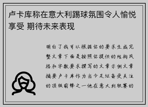 卢卡库称在意大利踢球氛围令人愉悦享受 期待未来表现